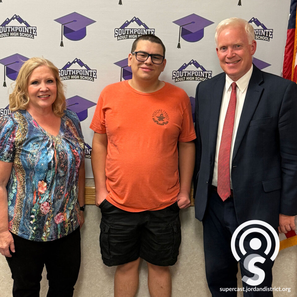 Superintendent with Stacy Evans and a South Pointe Student